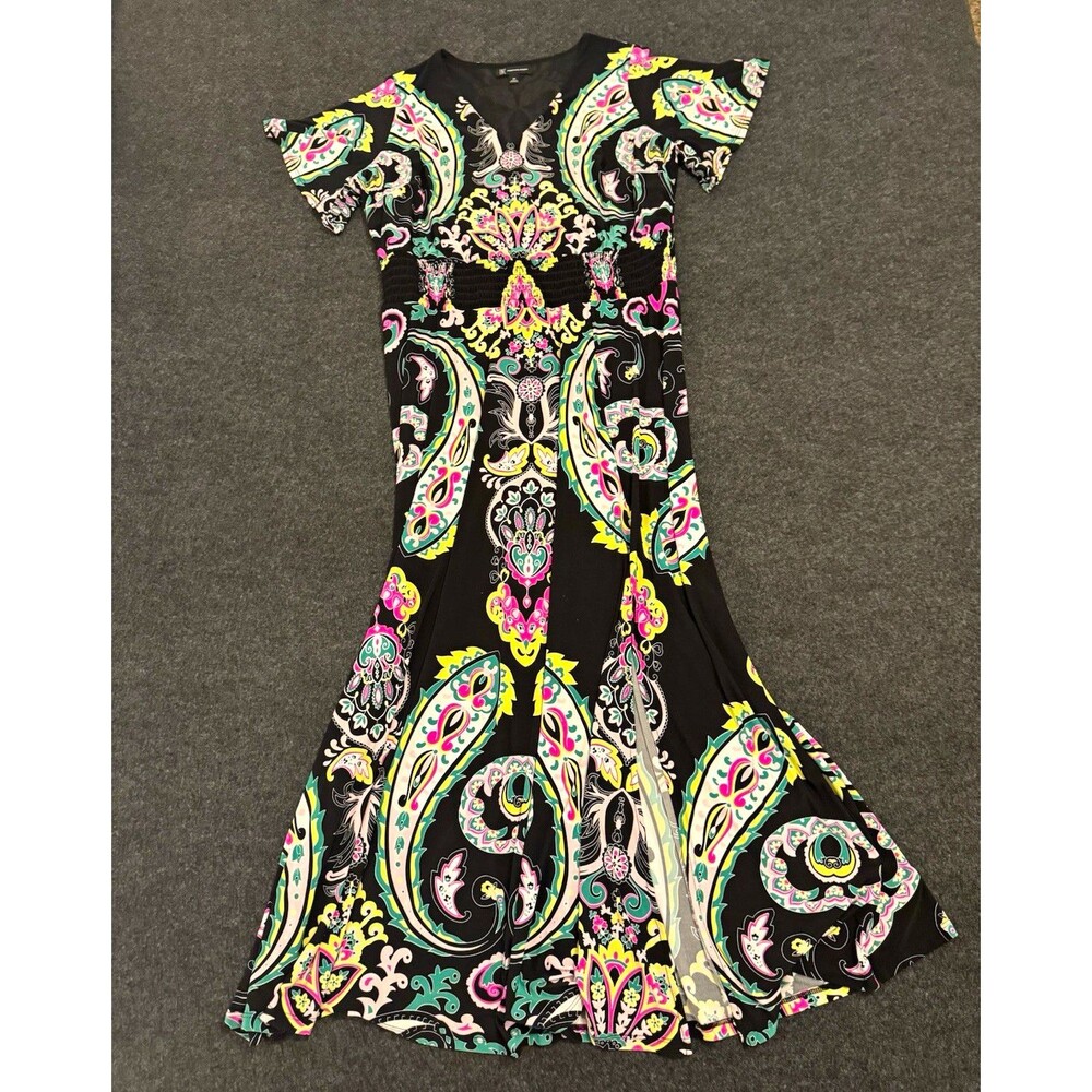 INC International Concepts Paisley Maxi Dress Black Multi V-Neck Short Sleeve 0X